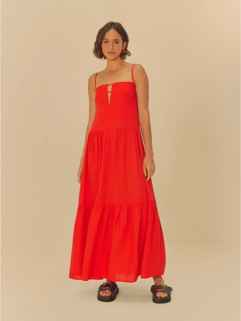 FARM Rio Red Spaghetti-Strap Tiered Maxi Dress